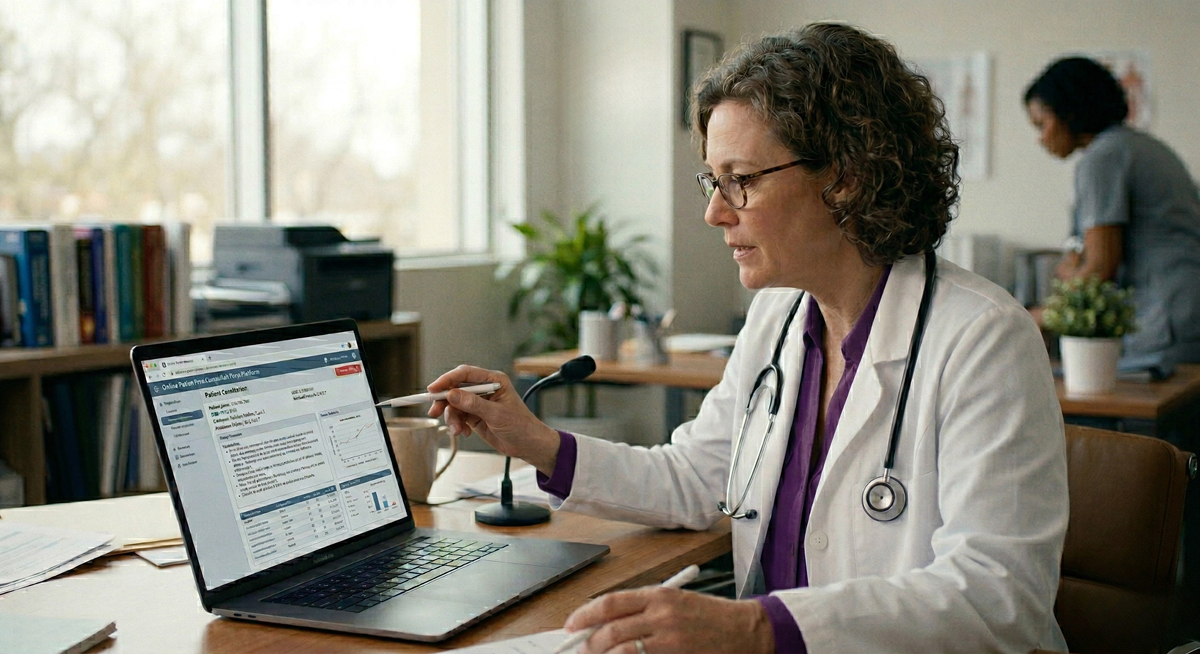 A woman in a white coat is focused on her work while typing on a laptop.